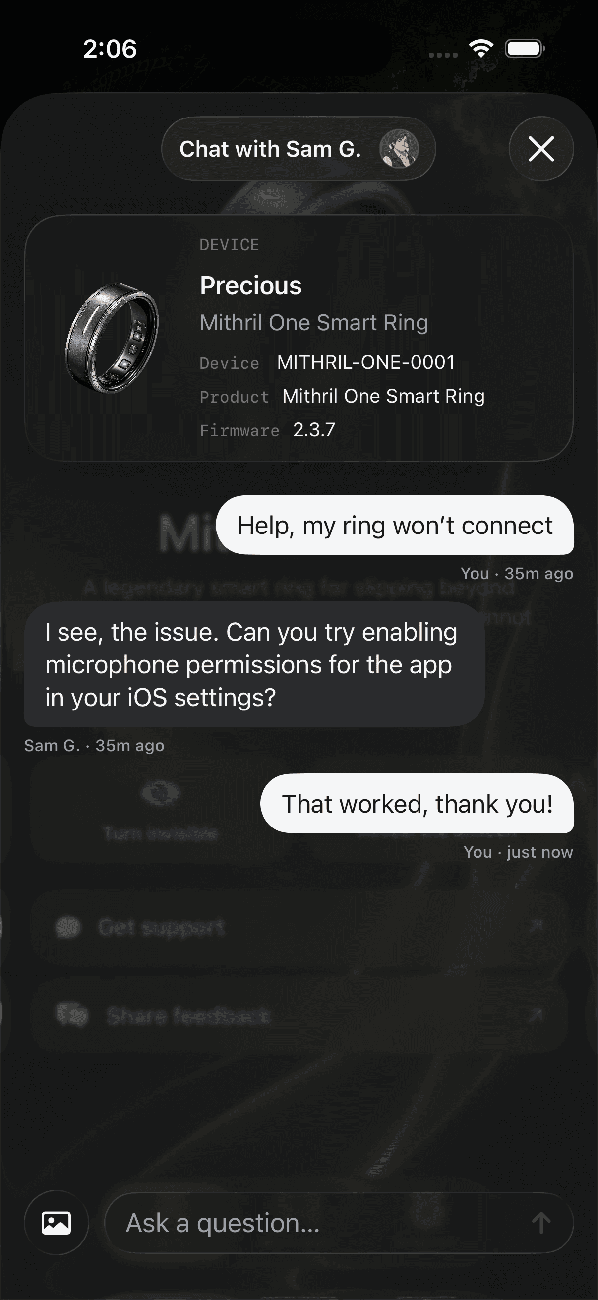 BTX Messenger in an iPhone app, showing a wearable device and a support conversation