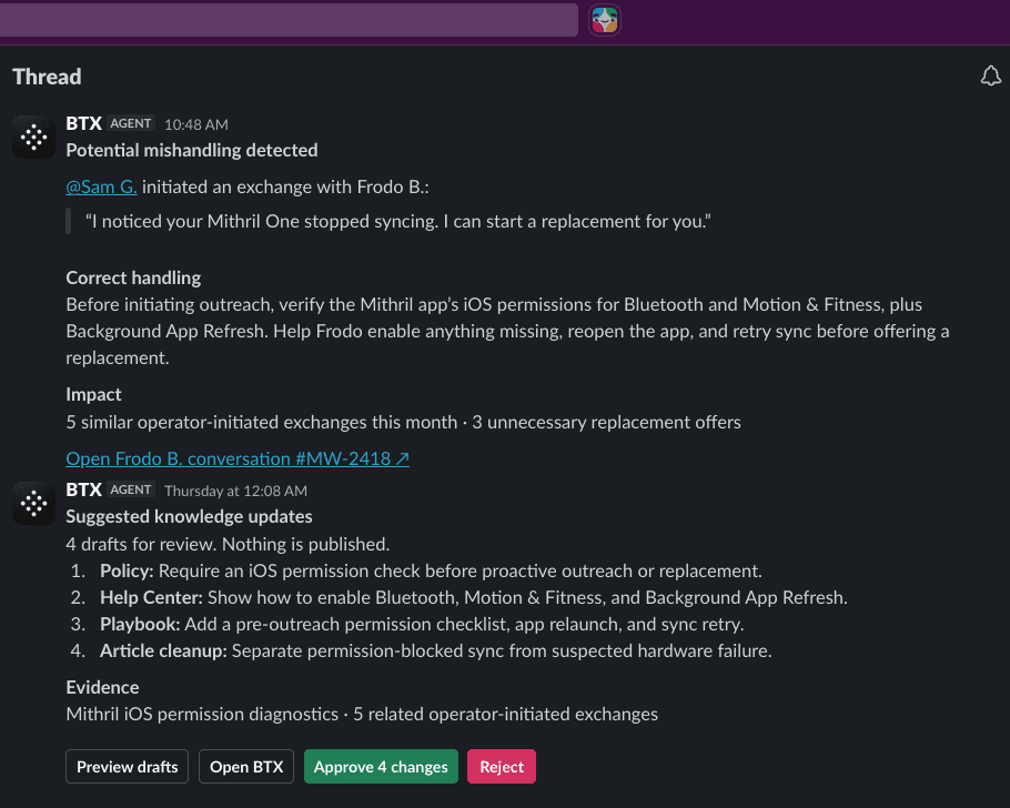 BTX agent detecting a mishandled exchange and suggesting knowledge base updates in Slack