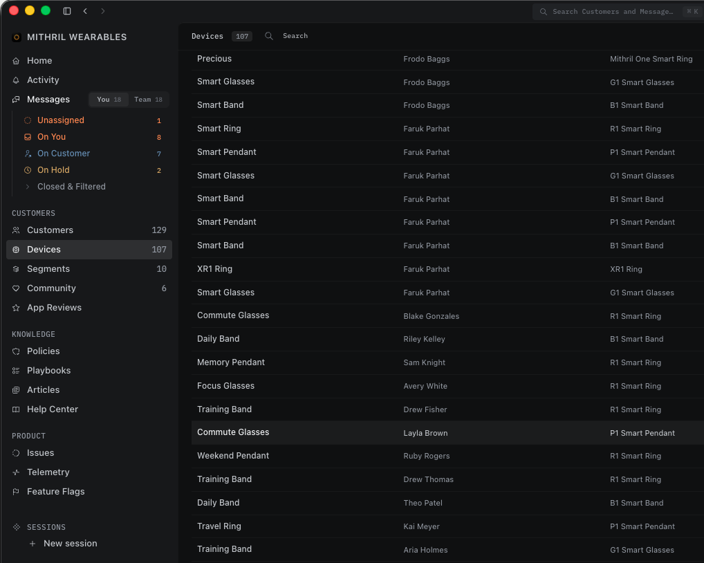 BTX desktop app showing customers and their connected devices in one workspace