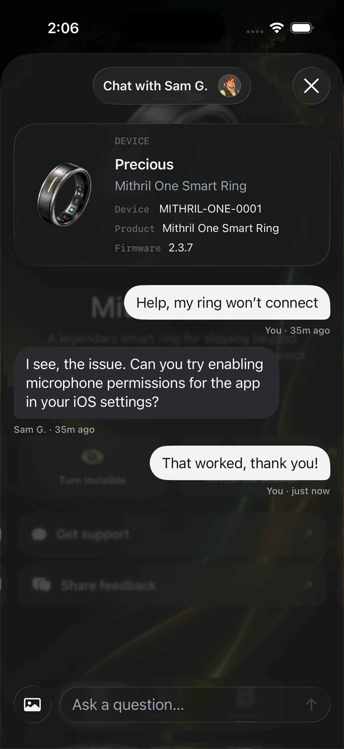 BTX Messenger in an iPhone app, showing a wearable device and a support conversation