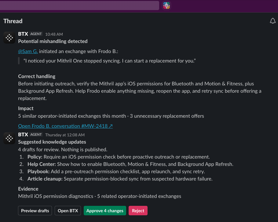 BTX agent detecting a mishandled exchange and suggesting knowledge base updates in Slack